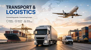 Transport- og logistikkprosess som viser lastebiler, lager og varer i bevegelse på tvers av Europa i forsyningskjeden